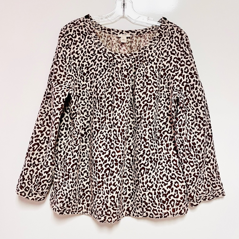 J. Crew 100% Linen Size 16 Leopard Animal Print Blouse Top 3/4 Sleeve